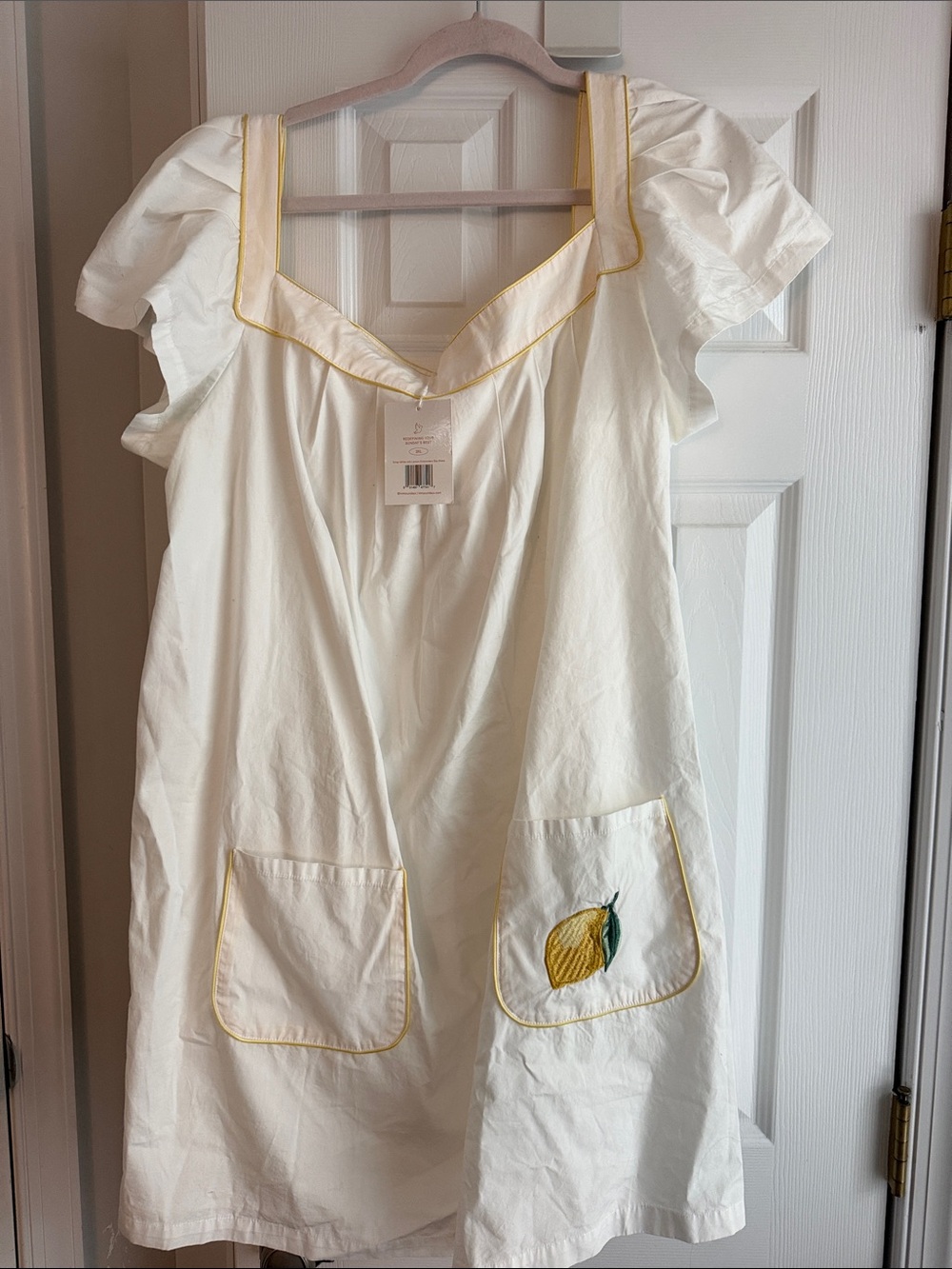 In My Sundays Nightdress with Yellow Piped Trim and embroidered Lemon.